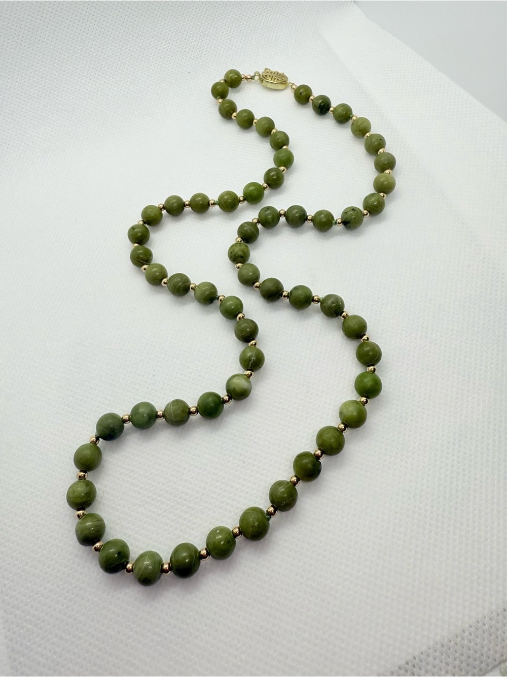 Olive Green Serpentine Beaded Necklace with Gold Accents